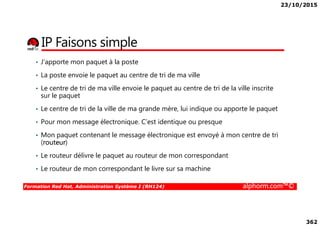 23/10/2015
362
IP Faisons simple
• J’apporte mon paquet à la poste
• La poste envoie le paquet au centre de tri de ma ville
• Le centre de tri de ma ville envoie le paquet au centre de tri de la ville inscrite
sur le paquet
• Le centre de tri de la ville de ma grande mère, lui indique ou apporte le paquet
Formation Red Hat, Administration Système I (RH124) alphorm.com™©
• Pour mon message électronique. C’est identique ou presque
• Mon paquet contenant le message électronique est envoyé à mon centre de tri
(routeur)
• Le routeur délivre le paquet au routeur de mon correspondant
• Le routeur de mon correspondant le livre sur sa machine
 
