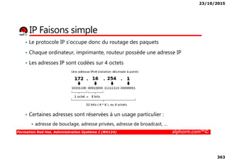23/10/2015
363
IP Faisons simple
• Le protocole IP s’occupe donc du routage des paquets
• Chaque ordinateur, imprimante, routeur possède une adresse IP
• Les adresses IP sont codées sur 4 octets
Formation Red Hat, Administration Système I (RH124) alphorm.com™©
• Certaines adresses sont réservées à un usage particulier :
adresse de bouclage, adresse privées, adresse de broadcast, …
 