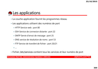 23/10/2015
369
Les applications
• La couche application fournit les programmes réseau
• Les applications utilisent des numéros de port
HTTP Service web : port 80
SSH Service de connexion distante : port 22
SMTP Servie d’envoi de message : port 25
Formation Red Hat, Administration Système I (RH124) alphorm.com™©
SMTP Servie d’envoi de message : port 25
DNS service de résolution de noms : port 53
FTP Service de transfert de fichier : port 20/21
…
• Fichier /etc/services contient tous les services et leur numéro de port
 