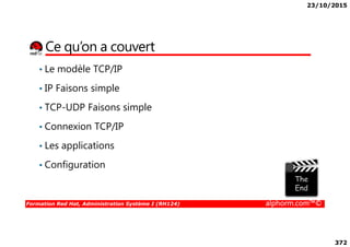 23/10/2015
372
Ce qu’on a couvert
• Le modèle TCP/IP
• IP Faisons simple
• TCP-UDP Faisons simple
• Connexion TCP/IP
Formation Red Hat, Administration Système I (RH124) alphorm.com™©
• Connexion TCP/IP
• Les applications
• Configuration
 