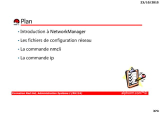 23/10/2015
374
Plan
• Introduction à NetworkManager
• Les fichiers de configuration réseau
• La commande nmcli
• La commande ip
Formation Red Hat, Administration Système I (RH124) alphorm.com™©
• La commande ip
 