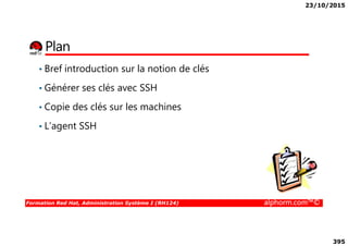 23/10/2015
395
Plan
• Bref introduction sur la notion de clés
• Générer ses clés avec SSH
• Copie des clés sur les machines
• L’agent SSH
Formation Red Hat, Administration Système I (RH124) alphorm.com™©
• L’agent SSH
 