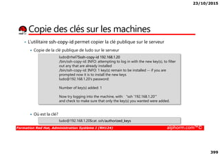 23/10/2015
399
Copie des clés sur les machines
• L’utilitaire ssh-copy-id permet copier la clé publique sur le serveur
Copie de la clé publique de ludo sur le serveur
ludo@rhel7$ssh-copy-id 192.168.1.20
/bin/ssh-copy-id: INFO: attempting to log in with the new key(s), to filter
out any that are already installed
/bin/ssh-copy-id: INFO: 1 key(s) remain to be installed -- if you are
prompted now it is to install the new keys
ludo@192.168.1.20's password:
Formation Red Hat, Administration Système I (RH124) alphorm.com™©
Où est la clé?
ludo@192.168.1.20's password:
Number of key(s) added: 1
Now try logging into the machine, with: "ssh '192.168.1.20'"
and check to make sure that only the key(s) you wanted were added.
ludo@192.168.1.20$cat .ssh/authorized_keys
 