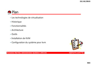 23/10/2015
403
Plan
• Les technologies de virtualisation
• Historique
• Fonctionnalités
• Architecture
Formation Red Hat, Administration Système I (RH124) alphorm.com™©
• Outils
• Installation de KVM
• Configuration du système pour kvm
 