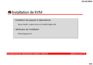 23/10/2015
414
Installation de KVM
• Installation des paquets et dépendances
#yum install –y qemu-kvm virt-install bridge-utils
• Vérification de l’installation
#lsmod |grep kvm
Formation Red Hat, Administration Système I (RH124) alphorm.com™©
#lsmod |grep kvm
 