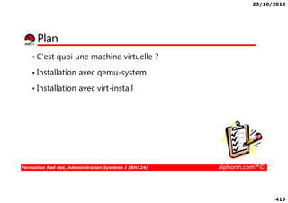 23/10/2015
419
Plan
• C’est quoi une machine virtuelle ?
• Installation avec qemu-system
• Installation avec virt-install
Formation Red Hat, Administration Système I (RH124) alphorm.com™©
 