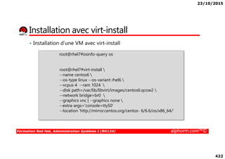 23/10/2015
422
Installation avec virt-install
• Installation d’une VM avec virt-install
root@rhel7#osinfo-query os
root@rhel7#virt-install 
--name centos6 
--os-type linux --os-variant rhel6 
Formation Red Hat, Administration Système I (RH124) alphorm.com™©
--os-type linux --os-variant rhel6 
--vcpus 4 --ram 1024 
--disk path=/var/lib/libvirt/images/centos6.qcow2 
--network bridge=br0 
--graphics vnc | --graphics none 
--extra-args='console=ttyS0'
--location 'http://mirror.centos.org/centos- 6/6.6/os/x86_64/'
 