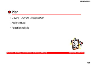 23/10/2015
425
Plan
• Libvirt – API de virtualisation
• Architecture
• Fonctionnalités
Formation Red Hat, Administration Système I (RH124) alphorm.com™©
 