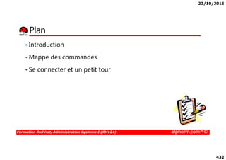 23/10/2015
432
Plan
• Introduction
• Mappe des commandes
• Se connecter et un petit tour
Formation Red Hat, Administration Système I (RH124) alphorm.com™©
 