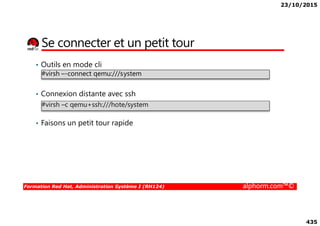 23/10/2015
435
Se connecter et un petit tour
• Outils en mode cli
• Connexion distante avec ssh
#virsh –-connect qemu:///system
#virsh –c qemu+ssh:///hote/system
Formation Red Hat, Administration Système I (RH124) alphorm.com™©
• Faisons un petit tour rapide
 