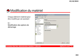 23/10/2015
453
Modification du matériel
Chaque élément matériel peut
être modifié par cet assistant
Ici :
Modification des options de
démarrage
Formation Red Hat, Administration Système I (RH124) alphorm.com™©
 