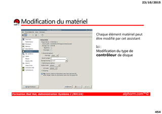 23/10/2015
454
Modification du matériel
Chaque élément matériel peut
être modifié par cet assistant
Ici :
Modification du type de
contrôleur de disque
Formation Red Hat, Administration Système I (RH124) alphorm.com™©
 