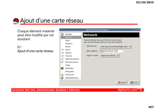 23/10/2015
457
Ajout d’une carte réseau
Chaque élément matériel
peut être modifié par cet
assistant
Ici :
Ajout d’une carte réseau
Formation Red Hat, Administration Système I (RH124) alphorm.com™©
 