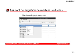 23/10/2015
459
Assistant de migration de machines virtuelles
Sélectionner le guest migration
Formation Red Hat, Administration Système I (RH124) alphorm.com™©
 