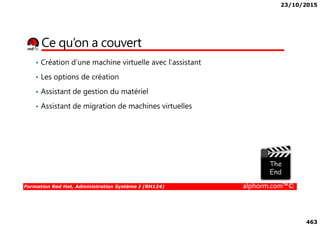 23/10/2015
463
Ce qu’on a couvert
• Création d’une machine virtuelle avec l’assistant
• Les options de création
• Assistant de gestion du matériel
• Assistant de migration de machines virtuelles
Formation Red Hat, Administration Système I (RH124) alphorm.com™©
 