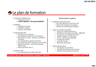 23/10/2015
465
Le plan de formation
• Introduction à Redhat Linux
• Introduction à Linux
• L'offre Redhat - Pourquoi Redhat?
• Installation
• Installations de base
• Installation avancée
• Licencier votre Redhat
• L'indispensable shell
Introduction au shell bash
Administration système
• Utilisateurs et groupes locaux
• Faire des opérations en tant que root
• Gestion des utilisateurs et groupes
• Gestion des mots de passe utilisateur
• Gestion du système de fichiers
• Disque dur et table de partition
• Partitionner des disques avec fdisk - MBR, GPT
Formation Red Hat, Administration Système I (RH124) alphorm.com™©
• L'indispensable shell
• Introduction au shell bash
• Comprendre la syntaxe d'une commande
• Bien utiliser son shell - raccourcis, complétion,
historique, ...
• Les commandes de gestion de fichiers
• Les entrées/sorties, les redirections et les tubes
• Traitement de texte - rechercher, découper,
afficher, trier, ..
• Edition de fichiers avec vi
• Accéder à l'aide
• Les commandes pour obtenir de l'aide
• Partitionner des disques avec fdisk - MBR, GPT
• Introduction aux systèmes de fichiers
• Vérifier et réparer un file system
• Le FHS - File Hierarchy Standard
• Propriété des fichiers
• Les droits d'accès
• Rechercher des fichiers
• Gestion des processus
• Introduction aux processus
• Surveiller les processus avec top et ps
• Administrer les processus et les jobs
 