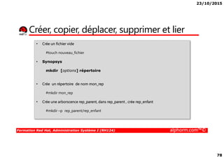 23/10/2015
78
Créer, copier, déplacer, supprimer et lier
• Crée un fichier vide
#touch nouveau_fichier
• Synopsys
mkdir [options] répertoire
Formation Red Hat, Administration Système I (RH124) alphorm.com™©
• Crée un répertoire de nom mon_rep
#mkdir mon_rep
• Crée une arborscence rep_parent, dans rep_parent , crée rep_enfant
#mkdir –p rep_parent/rep_enfant
 