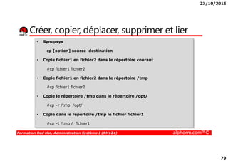23/10/2015
79
Créer, copier, déplacer, supprimer et lier
• Synopsys
cp [option] source destination
• Copie fichier1 en fichier2 dans le répertoire courant
#cp fichier1 fichier2
• Copie fichier1 en fichier2 dans le répertoire /tmp
Formation Red Hat, Administration Système I (RH124) alphorm.com™©
#cp fichier1 fichier2
• Copie le répertoire /tmp dans le répertoire /opt/
#cp –r /tmp /opt/
• Copie dans le répertoire /tmp le fichier fichier1
#cp –t /tmp / fichier1
 