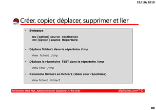 23/10/2015
80
Créer, copier, déplacer, supprimer et lier
• Synopsys
mv [option] source destination
mv [option] source Répertoire
• Déplace fichier1 dans le répertoire /tmp
#mv fichier1 /tmp
Formation Red Hat, Administration Système I (RH124) alphorm.com™©
#mv fichier1 /tmp
• Déplace le répertoire TEST dans le répertoire /tmp
#mv TEST /tmp
• Renomme fichier1 en fichier2 (idem pour répertoire)
#mv fichier1 fichier2
 