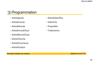 26/11/2015
74
Formation WinDev 20, Avancé alphorm.com™©
Programmation
• ArbreAjoute
• ArbreEnroule
• ArbreDéroule
• ArbreEnrouleTout
• ArbreDérouleTout
• ArbreCherche
• ArbreOccurrence
• ArbrePosition
• ArbreSelectPlus
• ArbreTrie
• Propriétés
• Traitements
 