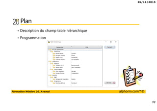 26/11/2015
77
Formation WinDev 20, Avancé alphorm.com™©
Plan
• Description du champ table hiérarchique
• Programmation
 