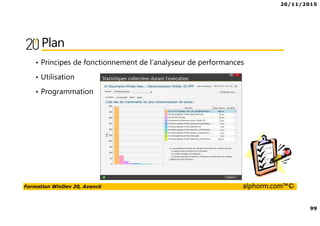 26/11/2015
99
Formation WinDev 20, Avancé alphorm.com™©
Plan
• Principes de fonctionnement de l’analyseur de performances
• Utilisation
• Programmation
 