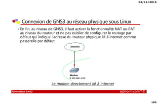 04/12/2015
105
Formation GNS3 alphorm.com™©
Connexion de GNS3 au réseau physique sous Linux
• En fin, au niveau de GNS3, il faut activer la fonctionnalité NAT ou PAT
au niveau du routeur et ne pas oublier de configurer le routage par
défaut qui indique l’adresse du routeur physique lié à internet comme
passerelle par défaut
Le modem directement lié à internet
 