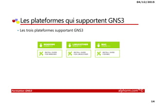 04/12/2015
14
Formation GNS3 alphorm.com™©
Les plateformes qui supportent GNS3
• Les trois plateformes supportant GNS3
 