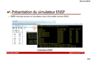 04/12/2015
144
Formation GNS3 alphorm.com™©
Présentation du simulateur ENSP
• ENSP n’est pas encore un simulateur tout à fait stable comme GNS3
L’interface ENSP
 