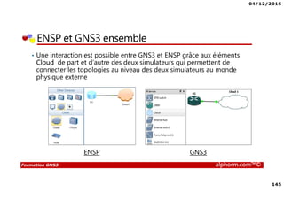 04/12/2015
145
Formation GNS3 alphorm.com™©
ENSP et GNS3 ensemble
• Une interaction est possible entre GNS3 et ENSP grâce aux éléments
Cloud de part et d’autre des deux simulateurs qui permettent de
connecter les topologies au niveau des deux simulateurs au monde
physique externe
GNS3ENSP
 