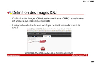 04/12/2015
151
Formation GNS3 alphorm.com™©
Définition des images IOU
• L’utilisation des images IOU nécessite une licence IOURC, cette dernière
est unique pour chaque machine hôte
• Il est possible de simuler une topologie de test indépendamment de
GNS3
L’interface IOU-Web 1.2.2.21 de la machine Cisco IOU
 