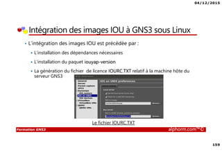 04/12/2015
7
Formation GNS3 alphorm.com™©
Connaissances requises
• Connaissances de base en terme réseau
• Connaissances de base en terme de configuration des
équipements Cisco
• Familiarité avec l’environnement Windows et Linux en
terme de configuration des cartes réseaux
• Vous pouvez vous faire aider par la formation ICND1 sur
Alphorm
Lien : http://www.alphorm.com/tutoriel/formation-en-ligne-
cisco-icnd1-ccent-100-101
Formateur : Noel MACE
 