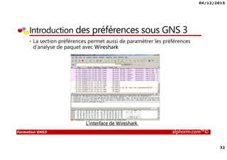 04/12/2015
32
Formation GNS3 alphorm.com™©
Introduction des préférences sous GNS 3
• La section préférences permet aussi de paramétrer les préférences
d’analyse de paquet avec Wireshark
L’interface de Wireshark
 