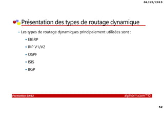 04/12/2015
52
Formation GNS3 alphorm.com™©
Présentation des types de routage dynamique
• Les types de routage dynamiques principalement utilisées sont :
EIGRP
RIP V1/V2
OSPF
ISIS
BGP
 