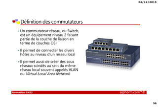 04/12/2015
56
Formation GNS3 alphorm.com™©
Définition des commutateurs
• Un commutateur réseau, ou Switch,
est un équipement niveau 2 faisant
partie de la couche de liaison en
terme de couches OSI
• Il permet de connecter les divers
hôtes au niveau d’un réseau local
• Il permet aussi de créer des sous
réseaux scindés au sein du même
réseau local souvent appelés VLAN
ou Virtual Local Area Network
 