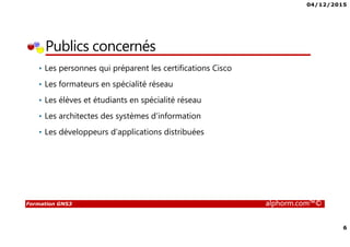 04/12/2015
6
Formation GNS3 alphorm.com™©
Publics concernés
• Les personnes qui préparent les certifications Cisco
• Les formateurs en spécialité réseau
• Les élèves et étudiants en spécialité réseau
• Les architectes des systèmes d’information
• Les développeurs d’applications distribuées
 