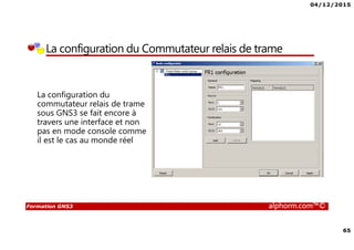 04/12/2015
65
Formation GNS3 alphorm.com™©
La configuration du Commutateur relais de trame
La configuration du
commutateur relais de trame
sous GNS3 se fait encore à
travers une interface et non
pas en mode console comme
il est le cas au monde réel
 