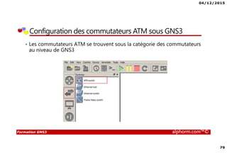04/12/2015
79
Formation GNS3 alphorm.com™©
Configuration des commutateurs ATM sous GNS3
• Les commutateurs ATM se trouvent sous la catégorie des commutateurs
au niveau de GNS3
 