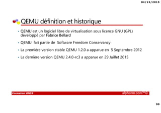 04/12/2015
90
Formation GNS3 alphorm.com™©
QEMU définition et historique
• QEMU est un logiciel libre de virtualisation sous licence GNU (GPL)
développé par Fabrice Bellard
• QEMU fait partie de Software Freedom Conservancy
• La première version stable QEMU 1.2.0 a apparue en 5 Septembre 2012
• La dernière version QEMU 2.4.0-rc3 a apparue en 29 Juillet 2015
 