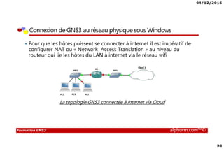 04/12/2015
5
Formation GNS3 alphorm.com™©
Présentation du plan de formation
• Introduction de l'environnement GNS3
• Installer, découvrir, gérer les préférences
• La configuration des images IOS
• Importer les IOS, maquettes routages statique et dynamique
• La configuration des commutateurs
• Maquettes commutation Ethernet, Framerelay (p2p, multipoint, inverse arp), ATM
• GNS3 et l'environnement extérieur
• VirtualBox, QEMU, réseau physique, VPCS, SSH, Wireshark
• Notions avancées
• Juniper, Huawei, Ethernet IOU, Cisco ASA, VoIP, simulation d’attaque avec Kali
 