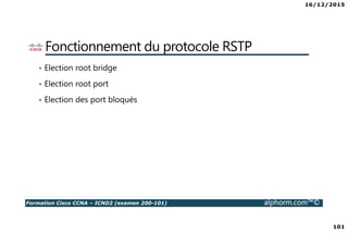 16/12/2015
101
Formation Cisco CCNA – ICND2 (examen 200-101) alphorm.com™©
Fonctionnement du protocole RSTP
• Election root bridge
• Election root port
• Election des port bloqués
 