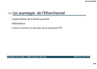 16/12/2015
110
Formation Cisco CCNA – ICND2 (examen 200-101) alphorm.com™©
Les avantages de l’Etherchannel
• Augmentation de la bande passante
• Redondance
• C’est vu comme un seul lien par le protocole STP
 