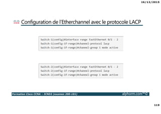 16/12/2015
119
Formation Cisco CCNA – ICND2 (examen 200-101) alphorm.com™©
Configuration de l’Etherchannel avec le protocole LACP
 
