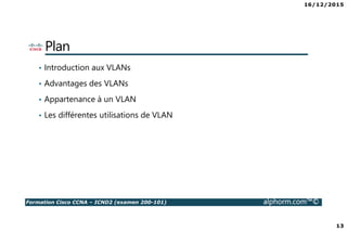 16/12/2015
13
Formation Cisco CCNA – ICND2 (examen 200-101) alphorm.com™©
Plan
• Introduction aux VLANs
• Advantages des VLANs
• Appartenance à un VLAN
• Les différentes utilisations de VLAN
 