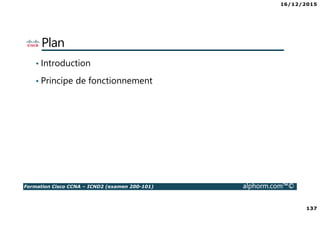 16/12/2015
137
Formation Cisco CCNA – ICND2 (examen 200-101) alphorm.com™©
Plan
• Introduction
• Principe de fonctionnement
 