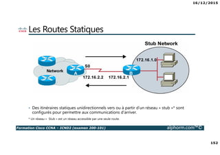16/12/2015
152
Formation Cisco CCNA – ICND2 (examen 200-101) alphorm.com™©
Les Routes Statiques
• Des itinéraires statiques unidirectionnels vers ou à partir d’un réseau « stub »* sont
configurés pour permettre aux communications d'arriver.
* Un réseau « Stub » est un réseau accessible par une seule route.
 