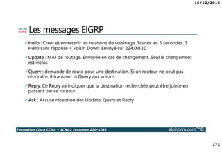 16/12/2015
172
Formation Cisco CCNA – ICND2 (examen 200-101) alphorm.com™©
Les messages EIGRP
Hello : Créer et entretenir les relations de voisinage. Toutes les 5 secondes. 3
Hello sans réponse = voisin Down. Envoyé sur 224.0.0.10
Update : MAJ de routage. Envoyée en cas de changement. Seul le changement
est inclus
Query : demande de route pour une destination. Si un routeur ne peut pas
répondre, il transmet la Query aux voisins
Reply: Ce Reply va indiquer que la destination recherchée peut être jointe en
passant par ce routeur
Ack : Accusé réception des Update, Query et Reply
 