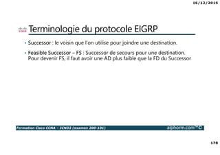 16/12/2015
178
Formation Cisco CCNA – ICND2 (examen 200-101) alphorm.com™©
Terminologie du protocole EIGRP
• Successor : le voisin que l’on utilise pour joindre une destination.
• Feasible Successor – FS : Successor de secours pour une destination.
Pour devenir FS, il faut avoir une AD plus faible que la FD du Successor
 