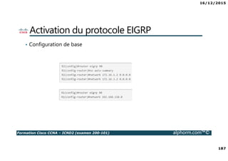 16/12/2015
187
Formation Cisco CCNA – ICND2 (examen 200-101) alphorm.com™©
Activation du protocole EIGRP
• Configuration de base
 
