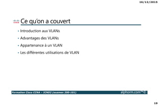 16/12/2015
19
Formation Cisco CCNA – ICND2 (examen 200-101) alphorm.com™©
Ce qu’on a couvert
• Introduction aux VLANs
• Advantages des VLANs
• Appartenance à un VLAN
• Les différentes utilisations de VLAN
 